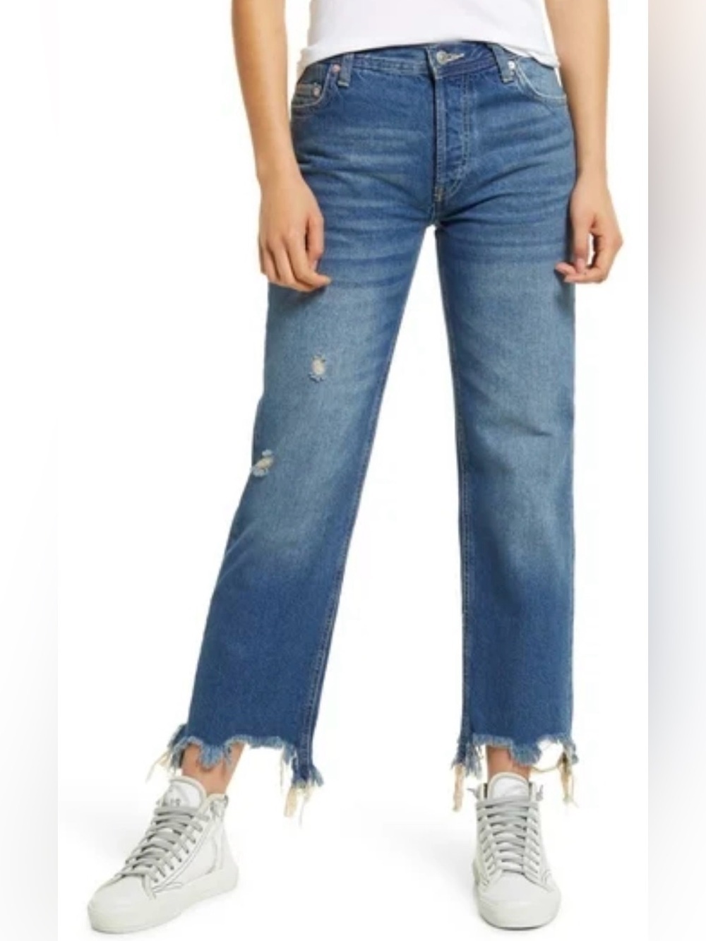 We The Free Mid-Blue Straight-Leg Jeans with Frayed Hem